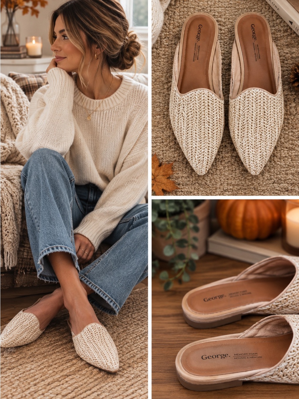 Neutral Woven Pointed-Toe Slip-On Mules